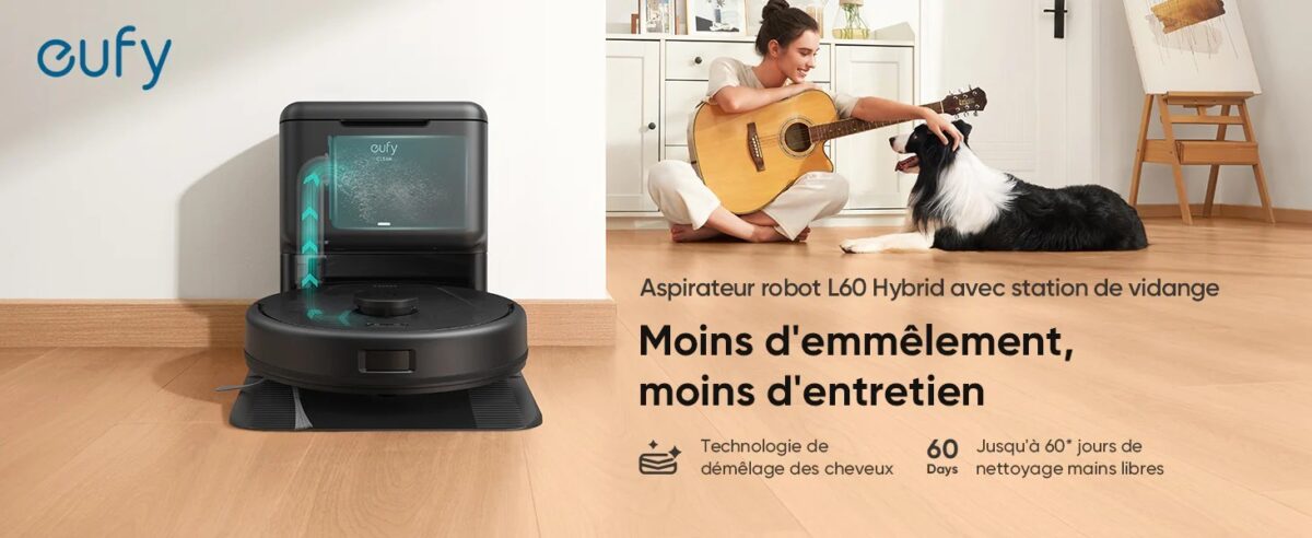 Robot aspirateur Eufy L60 sur un tapis avec des poils d'animaux autour