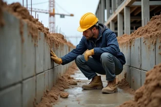 Ingénieur civil inspectant les fondations en béton armé dans une tranchée d'excavation sur un chantier de construction