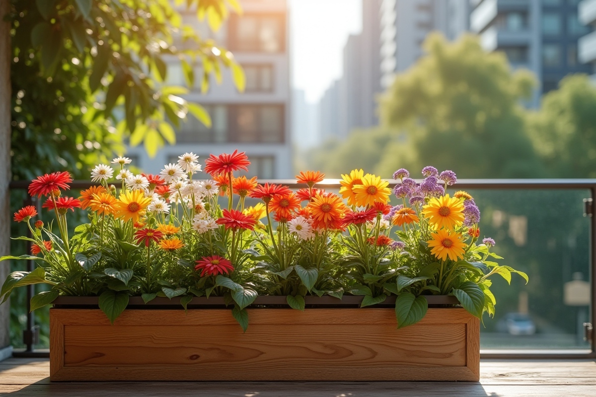 Balcon ensoleille avec fleurs colorées dans un pot en bois