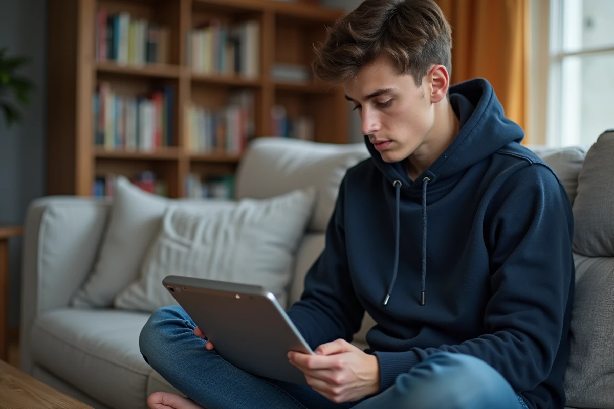 Jeune adulte utilisant une interface ChatGPT en français sur tablette dans un salon décontracté