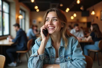 Jeune femme appelant Skyrock depuis son smartphone dans un café urbain