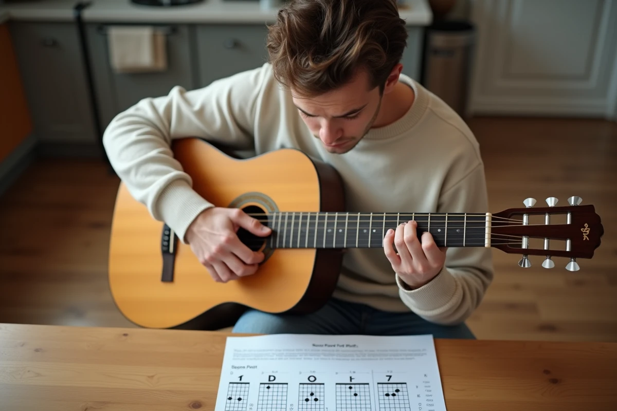 Jeune homme apprenant le B7 avec un diagramme de accords