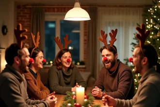 Groupe d'adultes portant des bois de renne et jouant à des jeux de soirée de Noël autour d'une table décorée