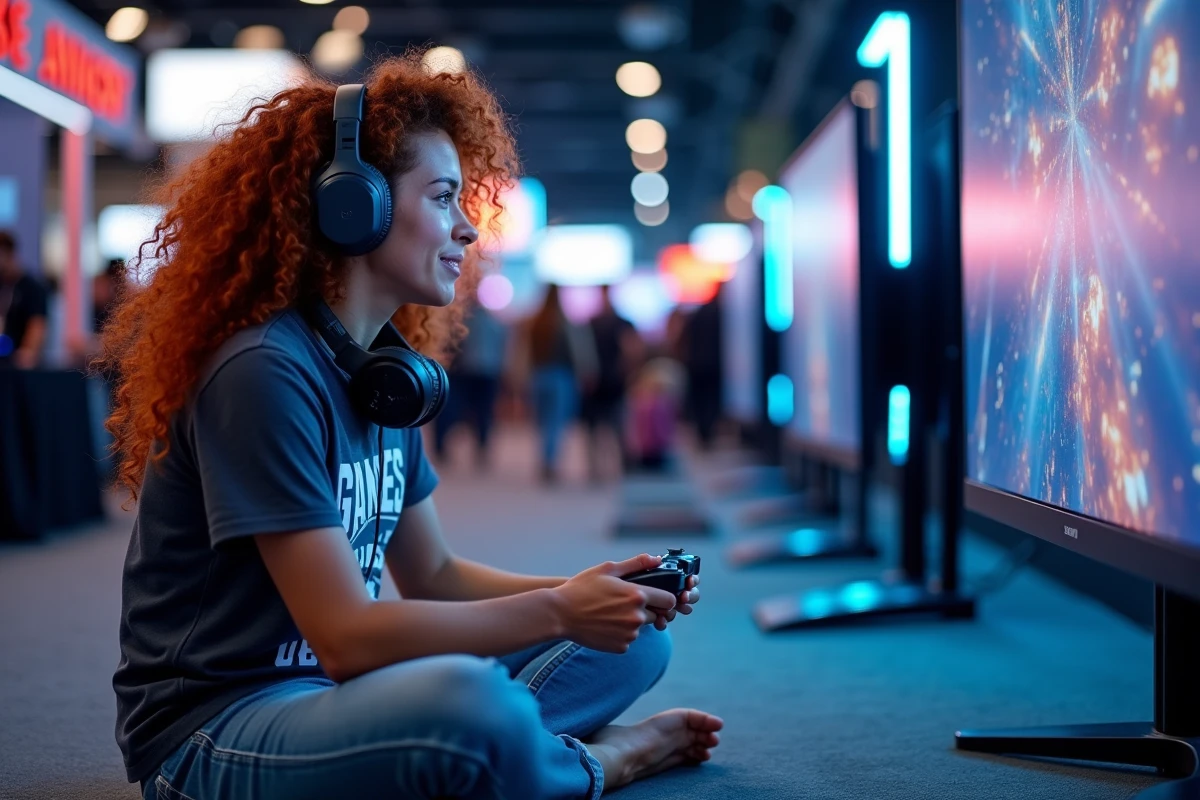Joueuse testant un jeu vidéo inédit lors d'une démo publique au Summer Game Fest 2026 dans un salon gaming