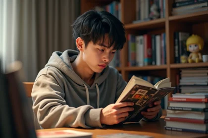 Jeune homme lisant un manga assis à son bureau entouré de volumes empilés, illustrant la découverte d'un nouveau manhwa isekai