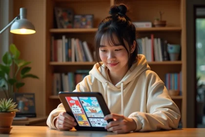 Jeune femme lisant des webtoons sur une tablette dans un bureau moderne et cosy, illustrant la tendance de lecture numérique de manhwas en ligne en 2026