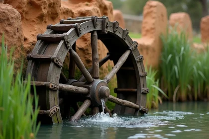 Noria en bois ancienne tournant dans une rivière calme en Espagne rurale, entourée de roseaux et de pierres moussues