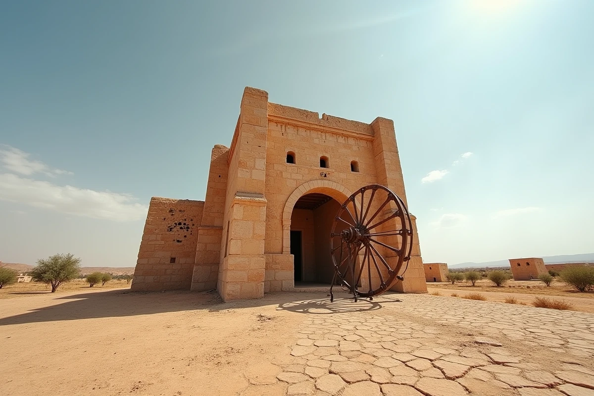 Noria en pierre et métal rouillé dans un paysage agricole aride du Maroc avec village en arrière-plan