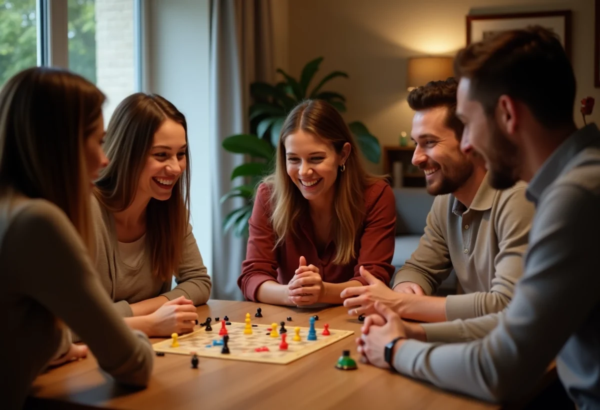 Groupe d'amis jouant à un jeu de société autour d'une table