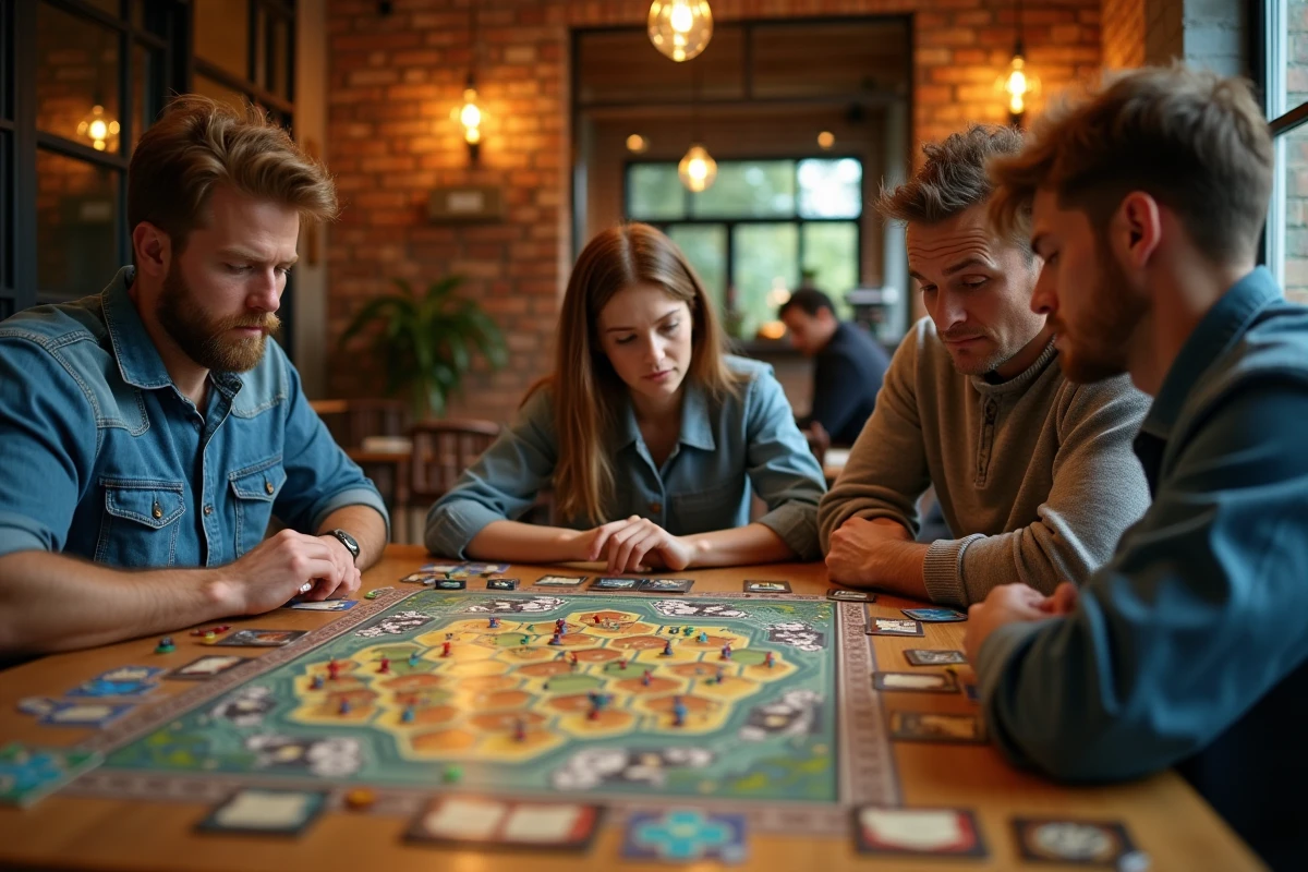 Groupe de joueurs adultes en train de jouer à Aeonscope autour d'une table avec plateau et cartes déployés