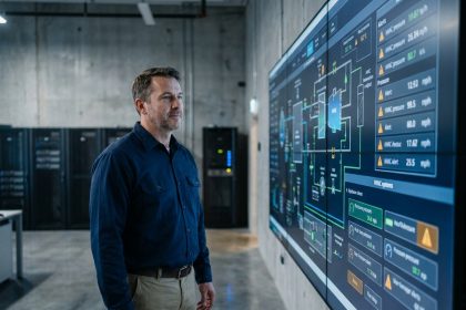 Responsable de maintenance devant un tableau de bord numérique de supervision des installations techniques en salle de contrôle industrielle