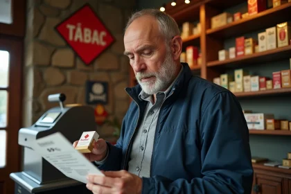 Homme comparant le prix d'une cartouche de cigarettes dans un bureau de tabac français