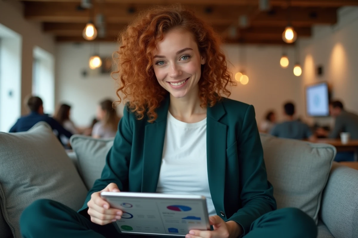 Jeune professionnelle consultant un tableau de bord d'audit SEO sur tablette dans un espace de coworking