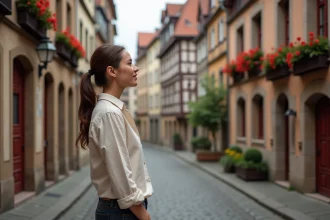 Femme se promenant dans une rue pavée du centre historique de Strasbourg entourée de maisons à colombages alsaciennes fleuries