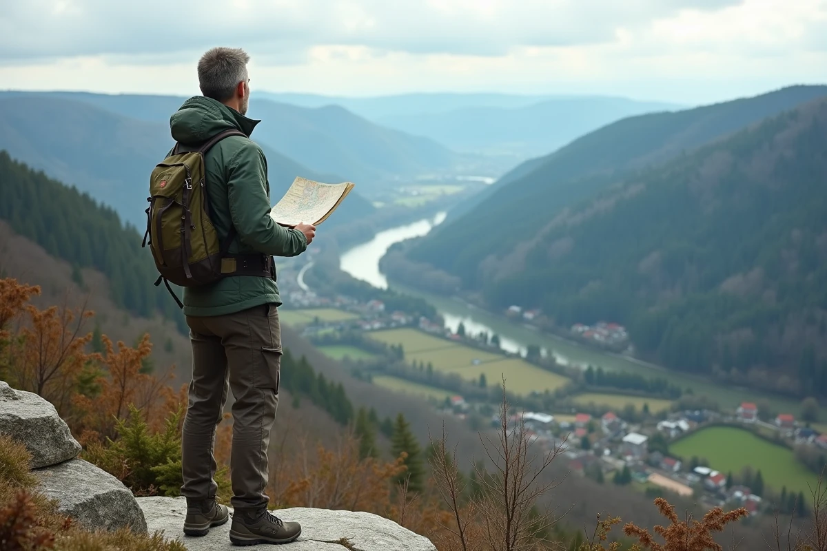 Randonneur observant le panorama de la plaine alsacienne et des vignobles depuis un belvédère rocheux dans les Vosges