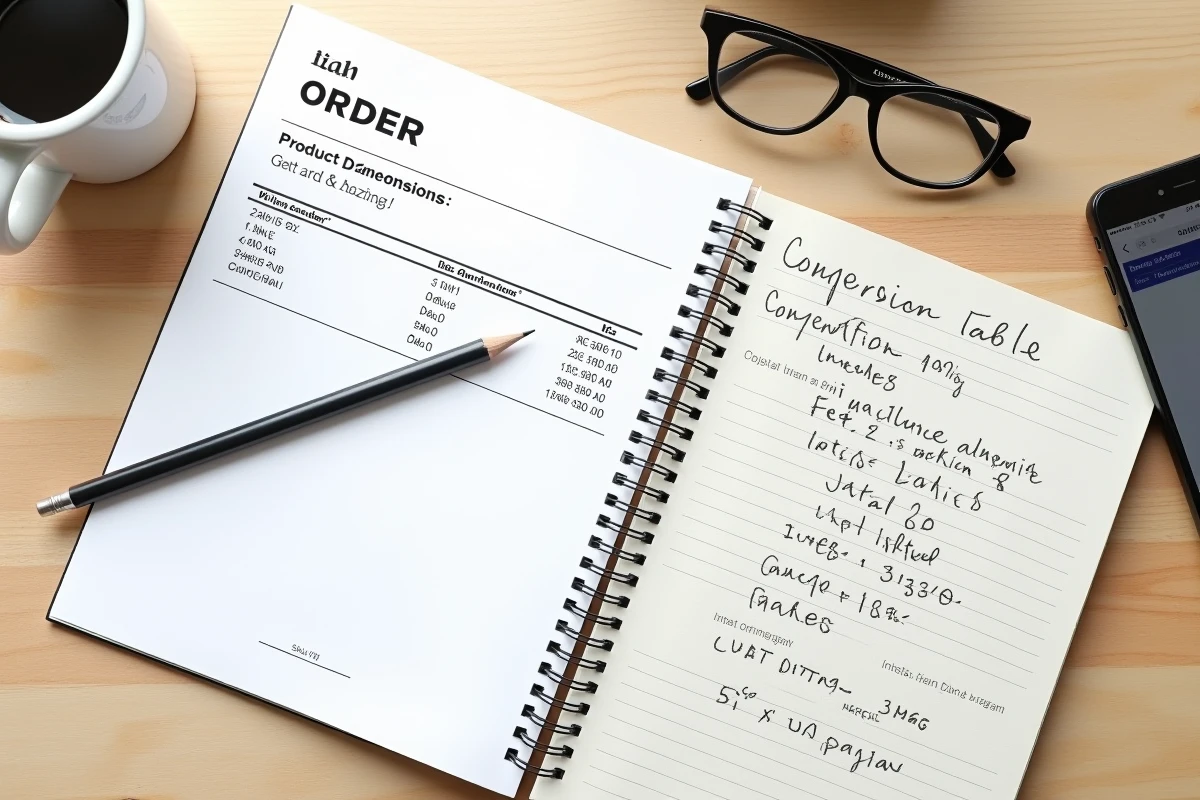 Bureau avec tableau de conversion pieds en centimètres, commande de site américain imprimée et smartphone pour shopping en ligne