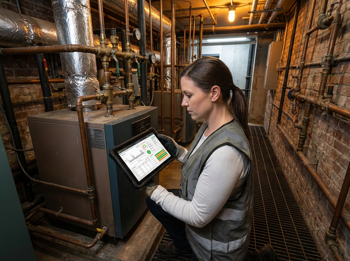Technicienne inspectant une chaudière industrielle avec une tablette de diagnostic avant planification d'une intervention de maintenance