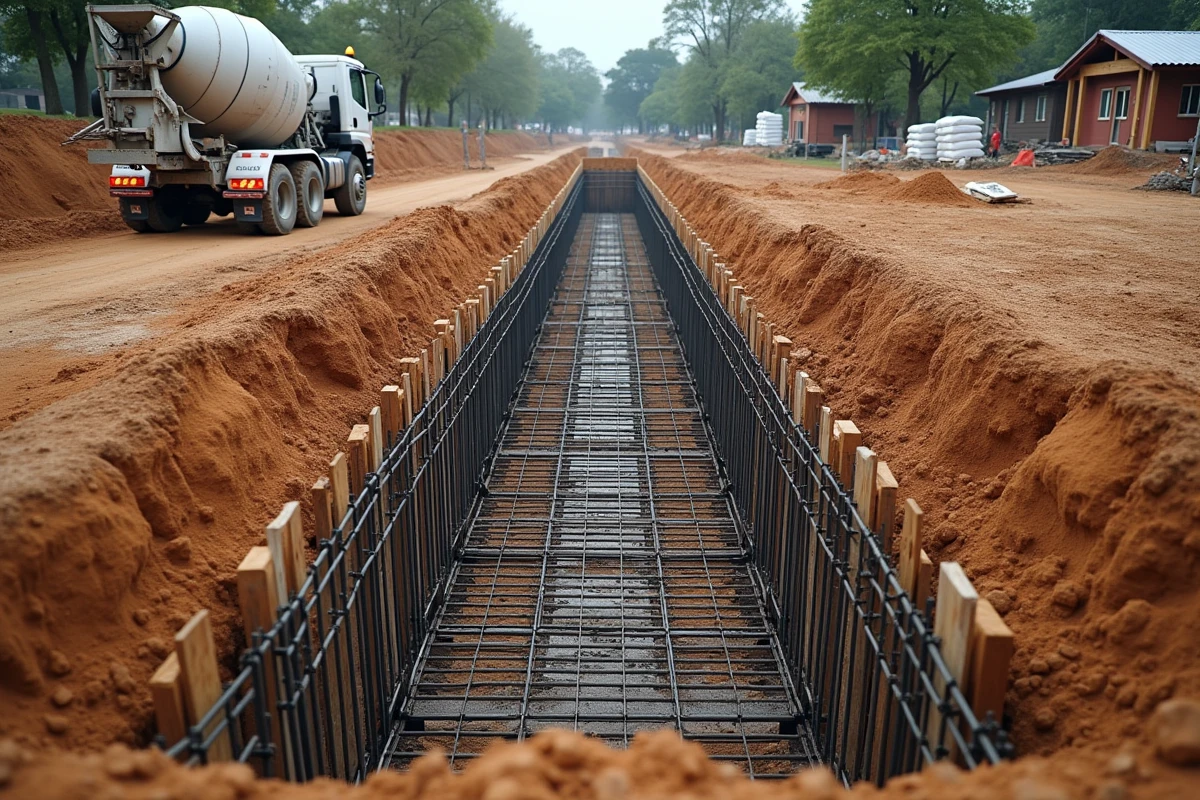 Vue large d'un chantier résidentiel avec tranchées de fondation, armatures en acier et coffrages en bois avant coulage du béton