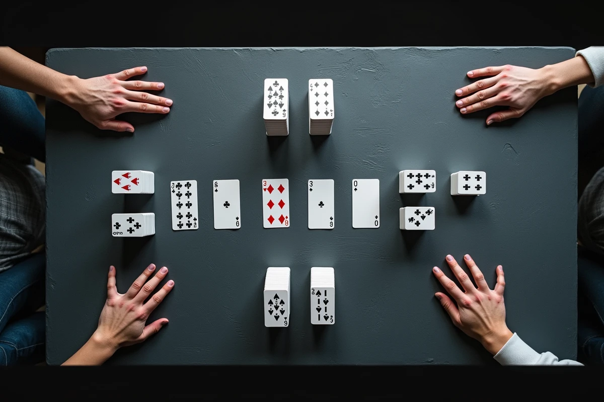 Vue aérienne d'un plateau de crapette avec cartes disposées en règle abrégée sur une table ardoise